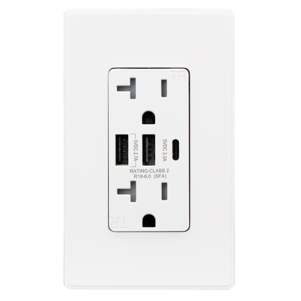 USI Electric A and C USB Chargers 20 Amp Tamper Resistant Duplex Receptacle Wall Outlet, White - USB2R3WH20CA