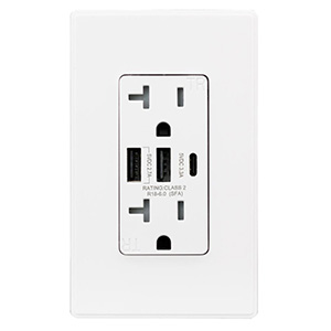 USI Electric 20 Amp Type A and C USB Chargers Wall Outlet, White - USB2R3WH20CA